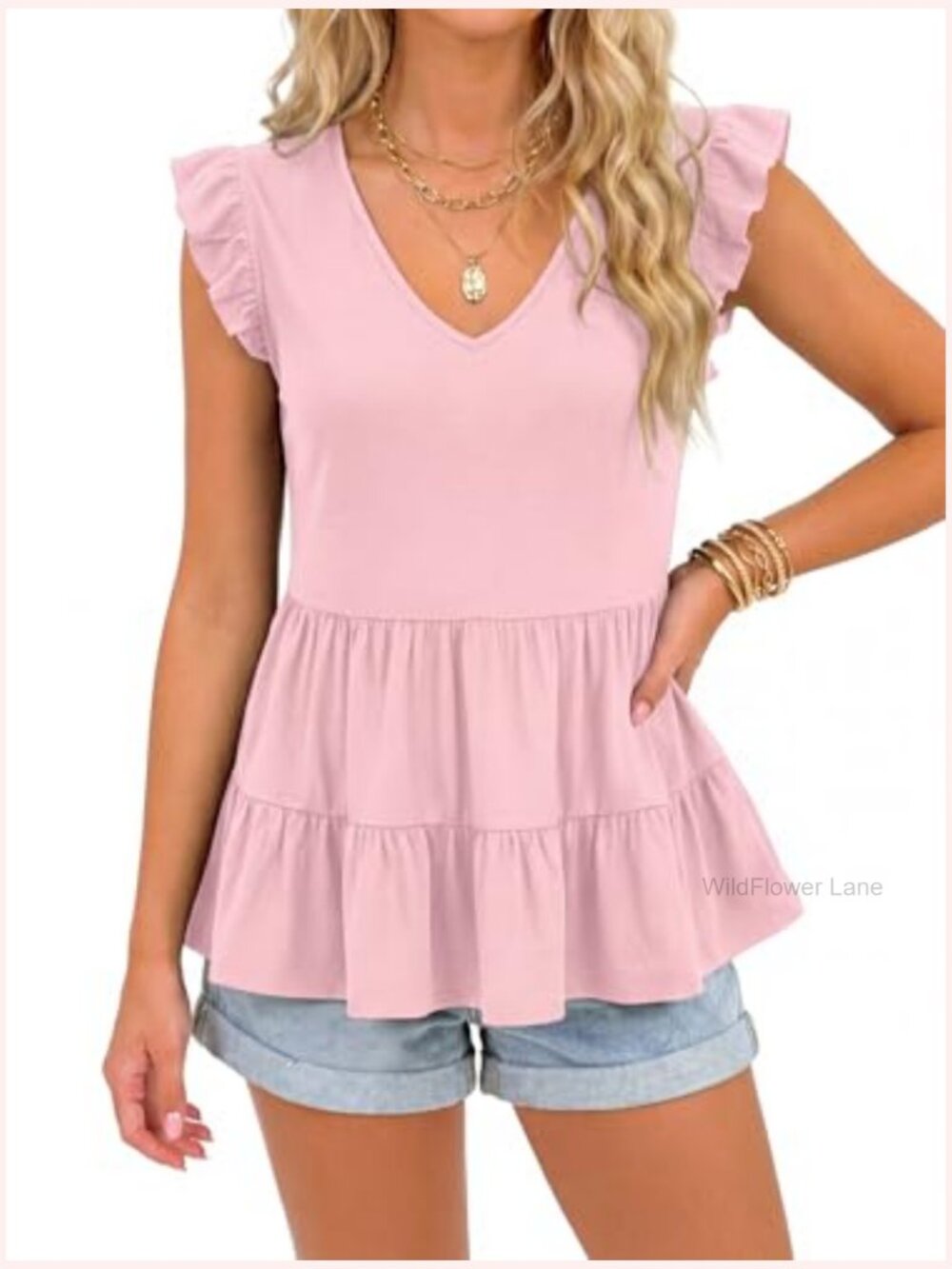 V Neck Sleeveless Ruffle Hem Peplum Babydoll Tank Top Dressy Casual Blouse - Picture 2 of 7